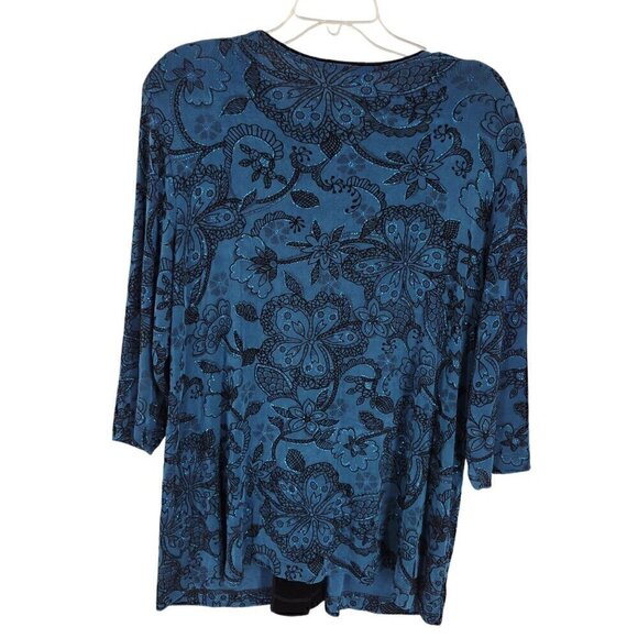 Whimsigoth Glitter Dark Fairy Blue & Black 1X Button up Top Floral 3/4 Sleeve - Picture 3 of 4